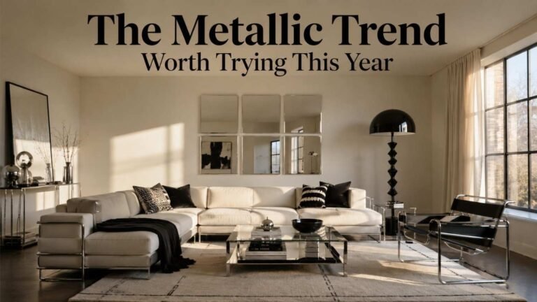 Living room with a chrome-framed sectional, glass coffee table, and mirrored wall panels lit by afternoon light.