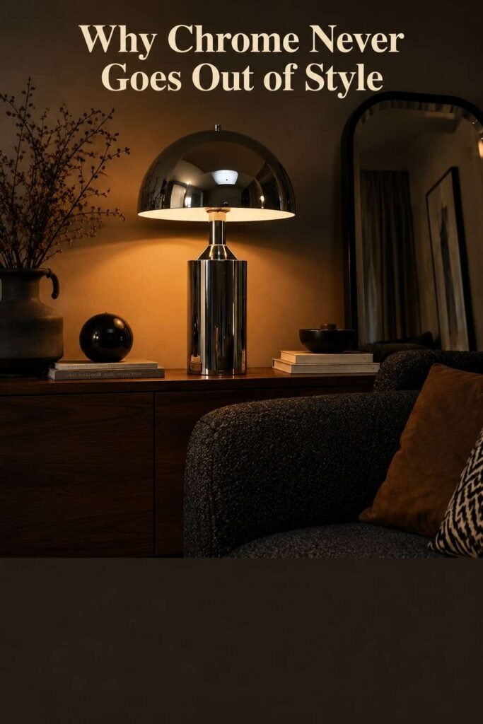 Chrome Lamp Ideas: A Complete Guide to Styling, Buying, and Caring for This Timeless Fixture 2 Close-up of a chrome lamp base reflecting a mirror and sofa fabric in a living room.