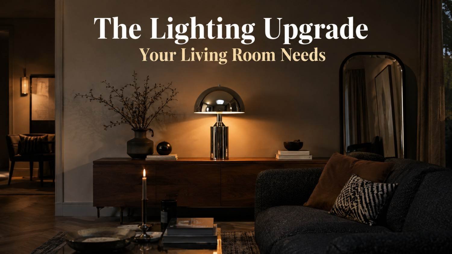 Polished chrome table lamp with amber glow on a walnut console table in a charcoal-toned living room.