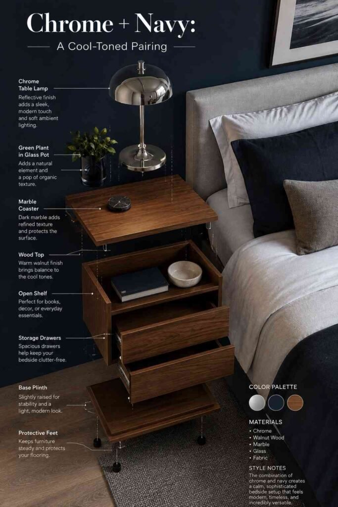 Chrome Lamp Ideas: A Complete Guide to Styling, Buying, and Caring for This Timeless Fixture 6 Overhead view of a chrome table lamp and linen bedding on a walnut nightstand.