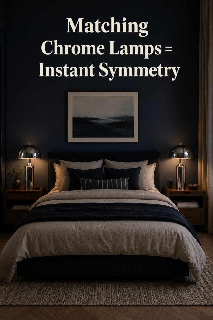 Chrome Lamp Ideas: A Complete Guide to Styling, Buying, and Caring for This Timeless Fixture 3 Matching chrome table lamps on nightstands flanking a bed in a navy-toned bedroom.