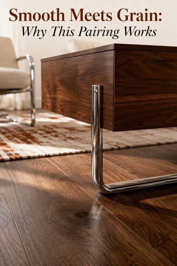 Close-up of a chrome table leg resting on a walnut wood floor, showing the contrast between polished metal and wood grain.