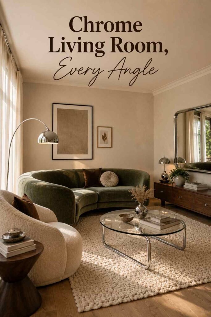 Chrome Living Room Ideas to Create a Sleek, Modern Space in 2026 6 Full chrome living room layout viewed from the opposite corner.
