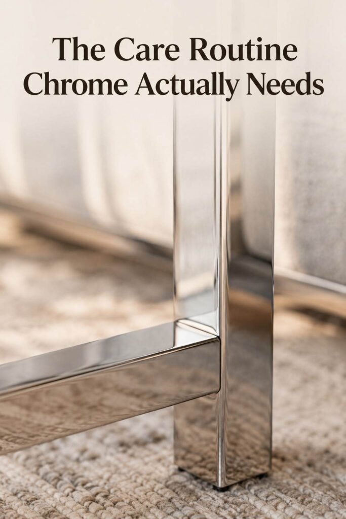 Macro close-up of a polished chrome table leg joint reflecting soft light.