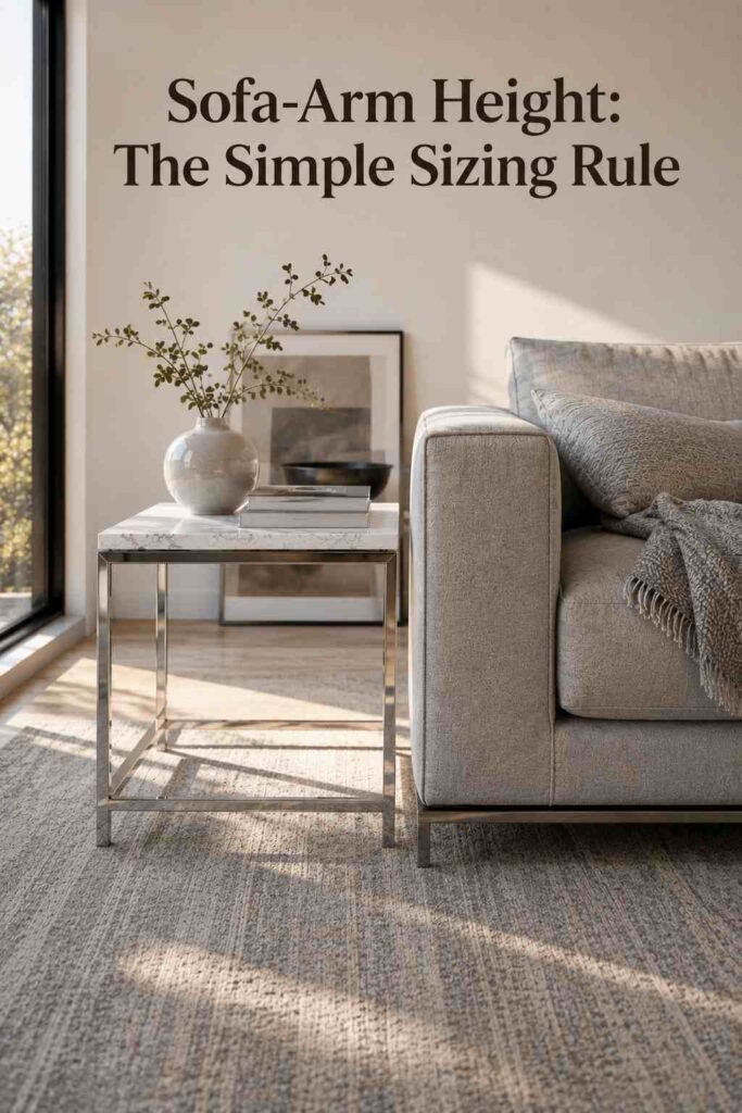 Chrome side table positioned level with a sofa armrest, showing proper proportion in a living room.