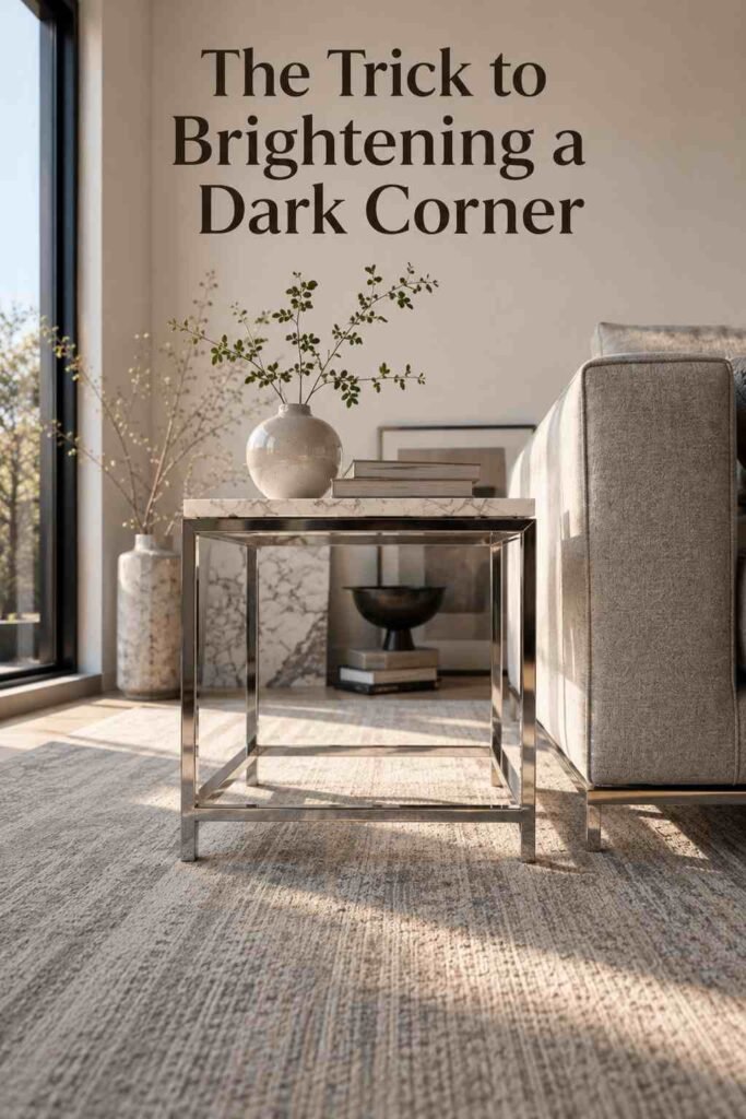 Low-angle view of a chrome side table's legs reflecting natural light onto a grey wool rug.