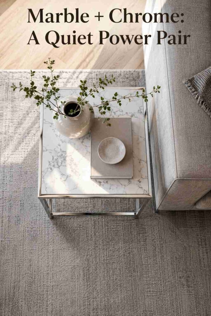 Overhead view of a chrome side table's white marble top styled with a vase and books.