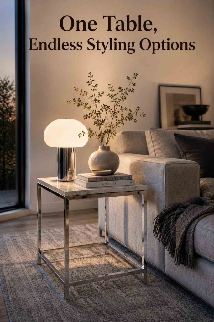 Styled chrome side table with a lamp, vase, and books beside a grey linen sofa.
