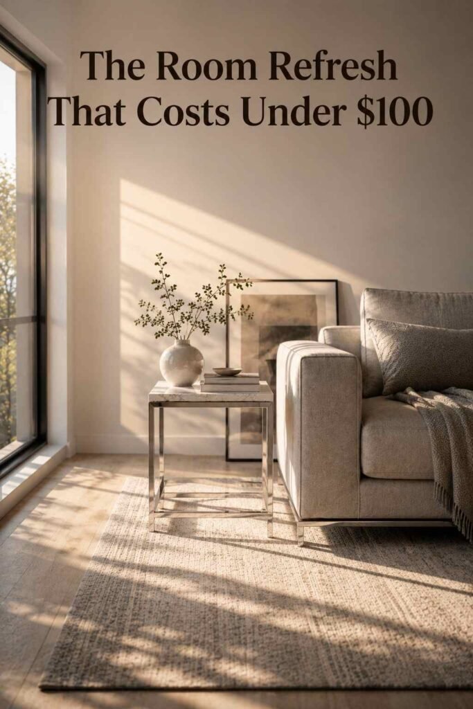 Chrome sidetable in a sunlit living room with soft afternoon light streaming across the floor.
