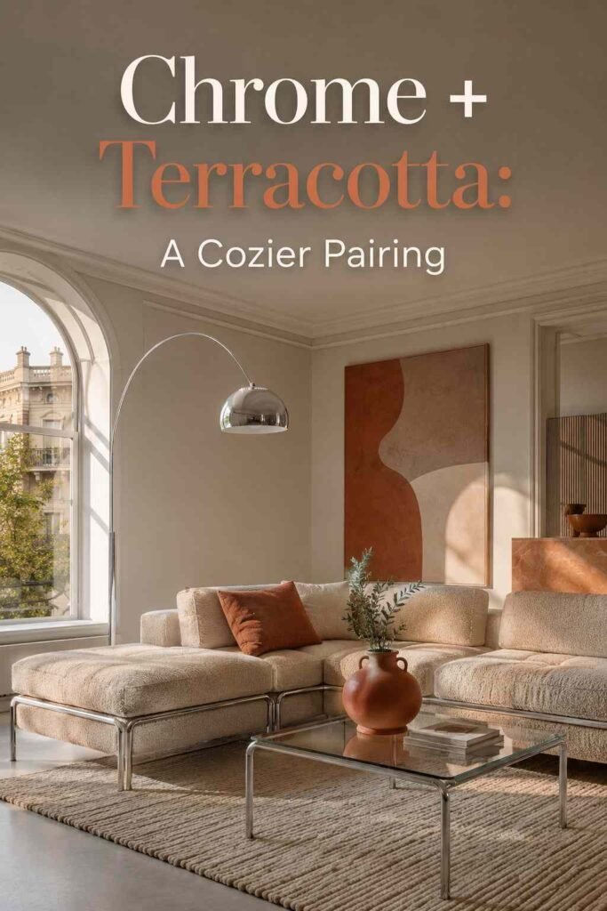 Living room with a chrome floor lamp and cream boucle seating paired with terracotta accents.
