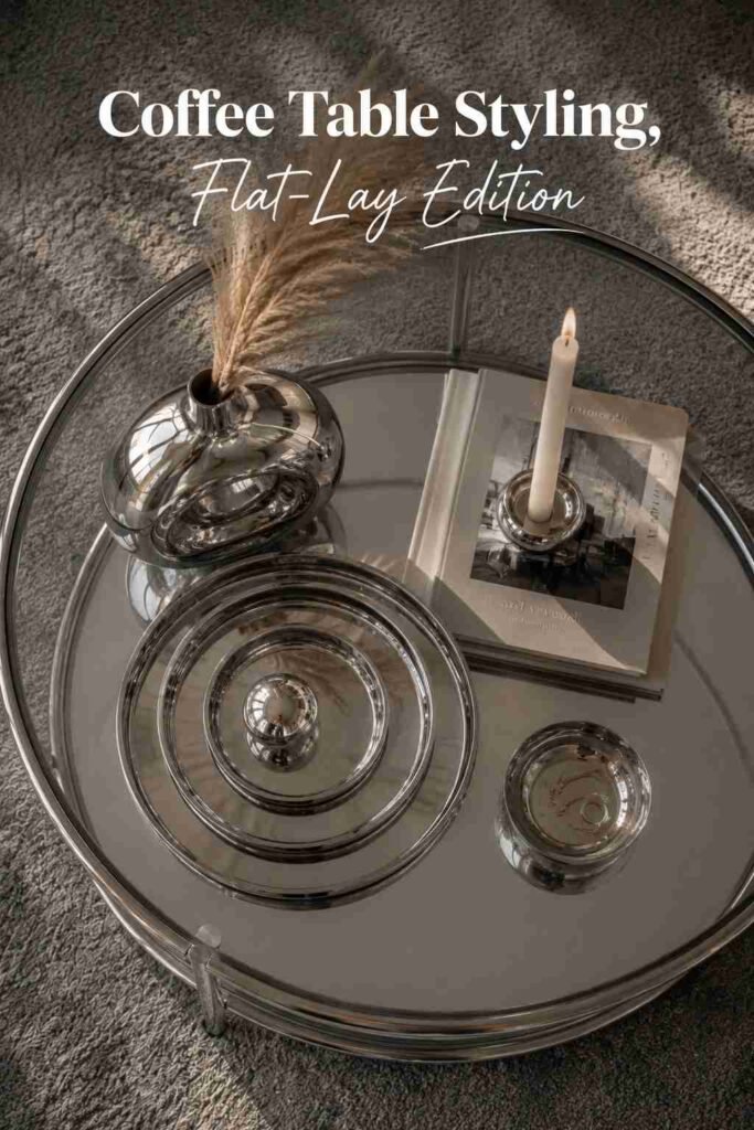 Overhead view of a coffee table with nested chrome trays, a small bowl, a book, and a lit candle.