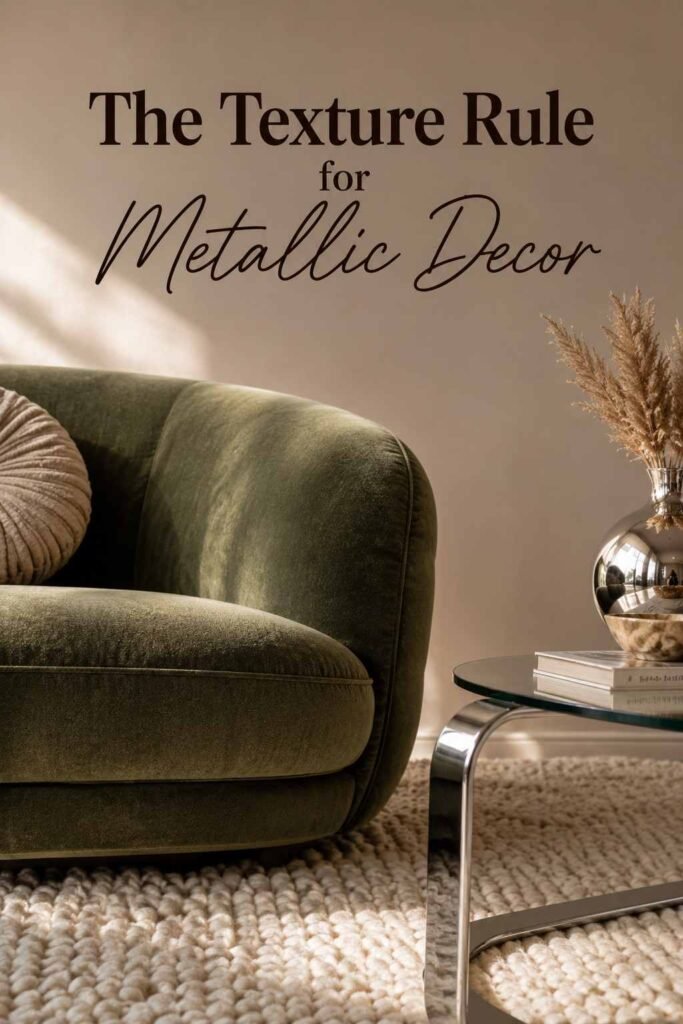 Chrome Living Room Ideas to Create a Sleek, Modern Space in 2026 7 Close-up of velvet sofa fabric next to a chrome table leg and wool rug.