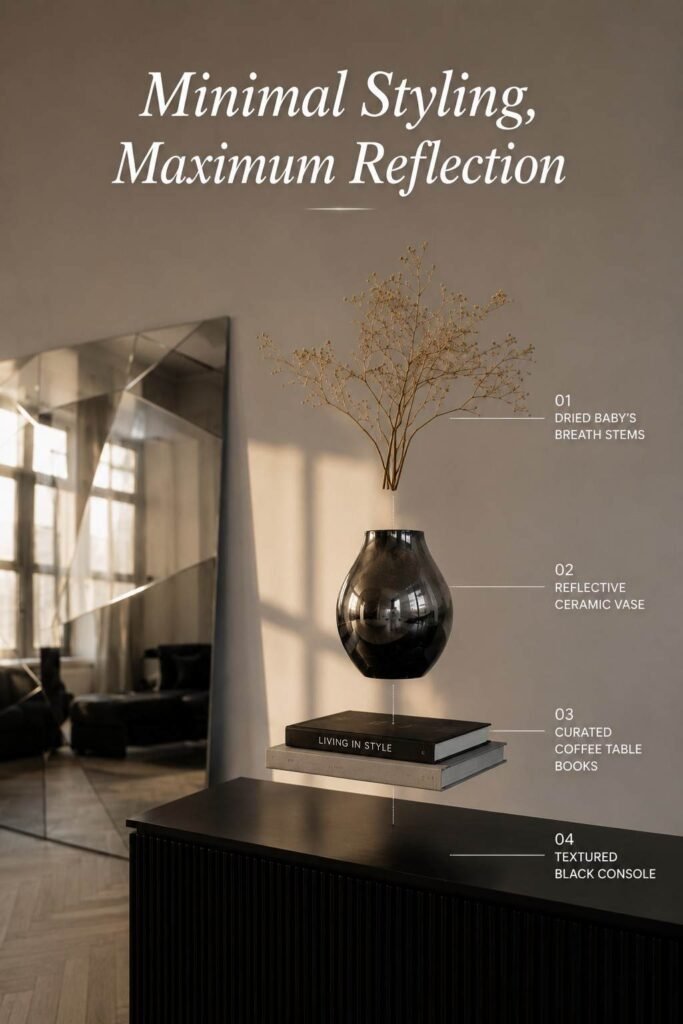 Black console table styled with a ceramic vase in front of a mirrored chrome wall panel.