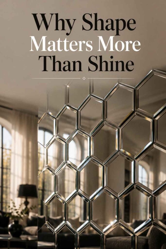 Close-up of interlocking hexagonal chrome tiles reflecting warm afternoon light.