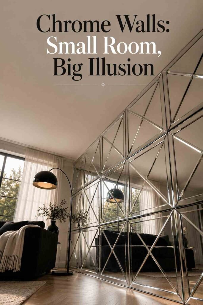 Low-angle view of a chrome wall panel extending upward toward the ceiling in a living room.