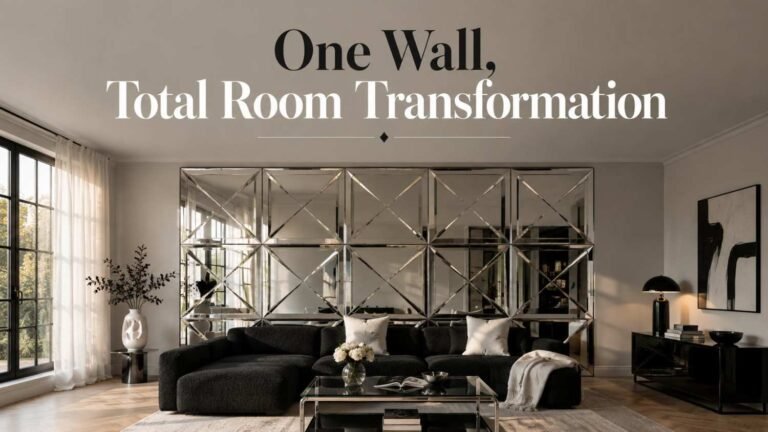 Modern living room with a geometric mirrored chrome wall panel above a black boucle sofa.