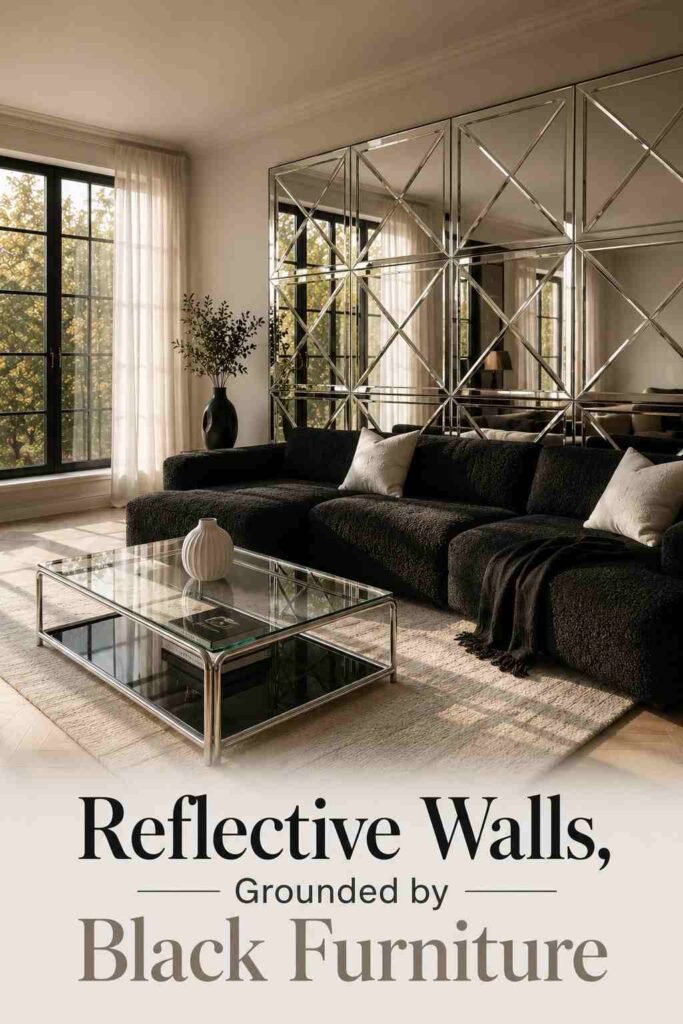Three-quarter view of a living room showing a black sofa and coffee table in front of a mirrored chrome wall.