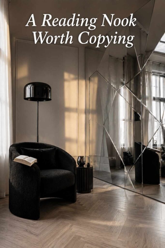 Black accent chair and floor lamp positioned beside a mirrored chrome wall panel in a reading nook.