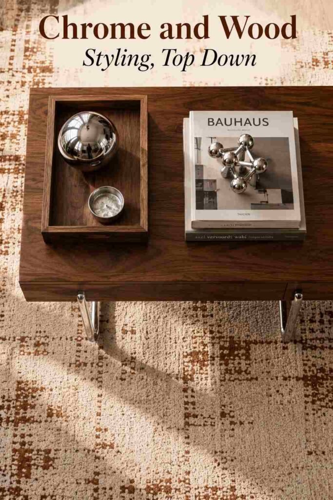 Overhead view of a walnut coffee table styled with a wood tray, books, and a small chrome object on a cream rug.
