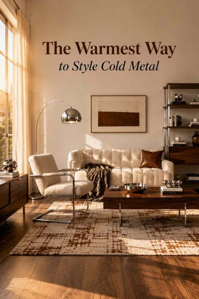 Living room with chrome and walnut wood furniture lit by warm afternoon light streaming through large windows.