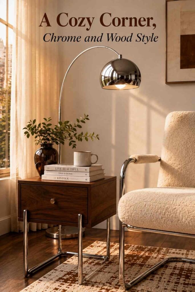 Cozy reading nook with a chrome floor lamp, walnut side table, and a stack of books beside a boucle armchair.