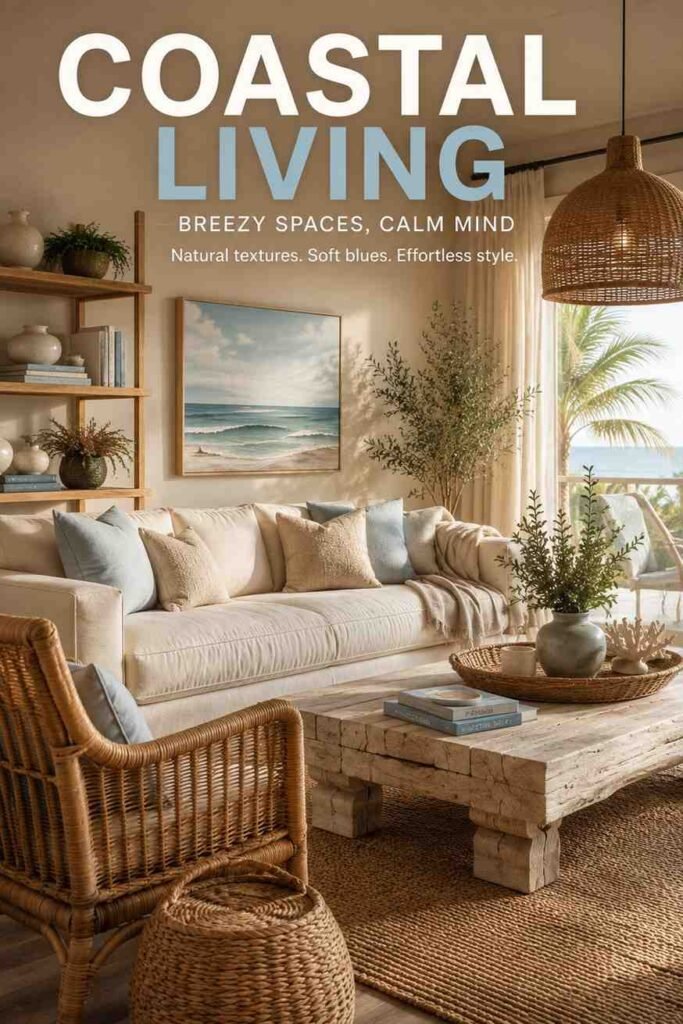 Luxurious 15 Coastal Living Room Ideas to Bring the Seaside Home in 2026 2 Corner view of a coastal living room showing linen sofa, driftwood shelving, and ocean-blue ceramics near a sunlit window.