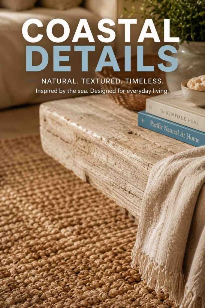 Luxurious 15 Coastal Living Room Ideas to Bring the Seaside Home in 2026 4 Close-up of coastal living room textures: jute rug weave, whitewashed driftwood table, and linen throw folds.