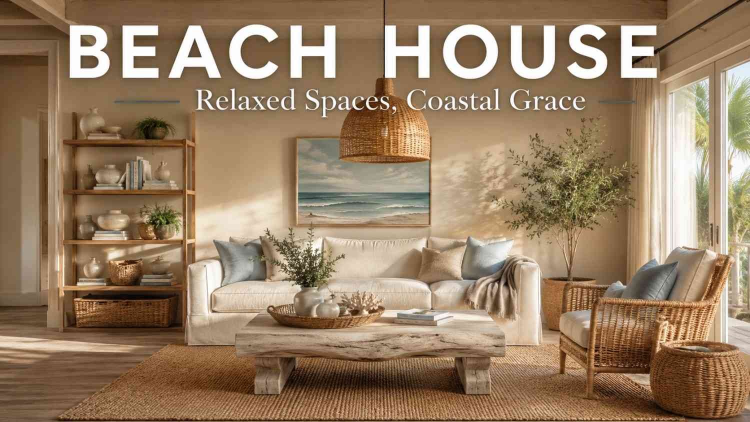 Coastal living room with sandy beige sofa, blue accent pillows, jute rug, and rattan chair in warm afternoon light.