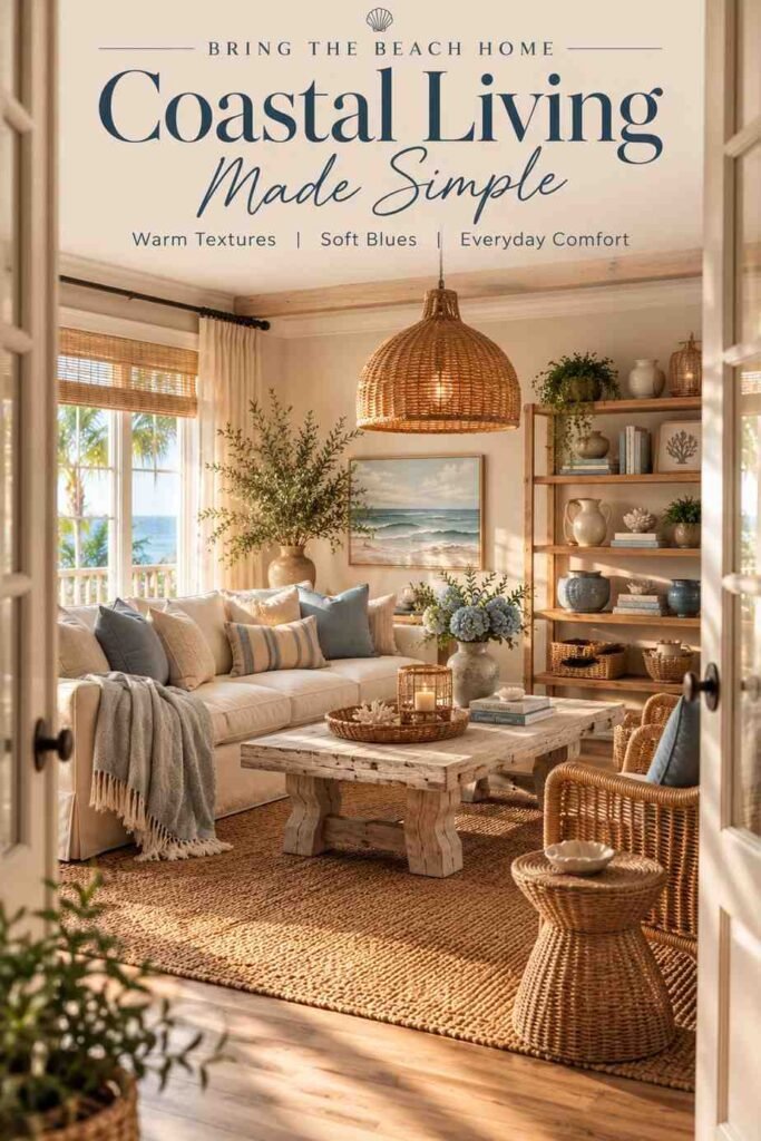 Luxurious 15 Coastal Living Room Ideas to Bring the Seaside Home in 2026 5 Coastal living room framed through a doorway, showing sofa, pendant light, and open shelving in warm light.