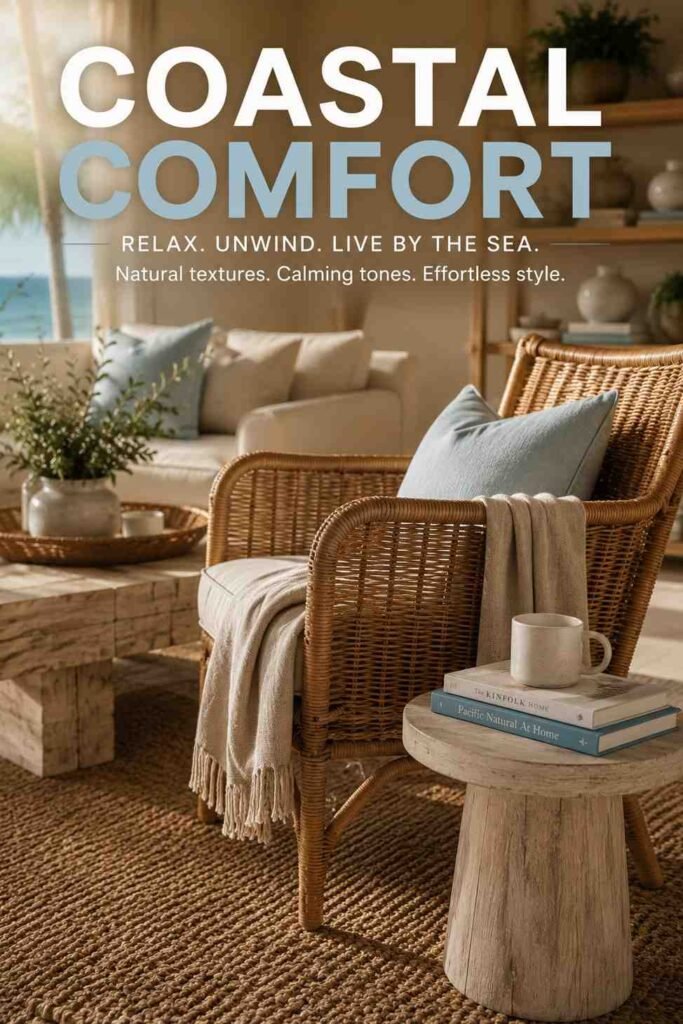 Luxurious 15 Coastal Living Room Ideas to Bring the Seaside Home in 2026 3 Vignette of a coastal living room reading nook with rattan accent chair, side table, and folded linen throw.