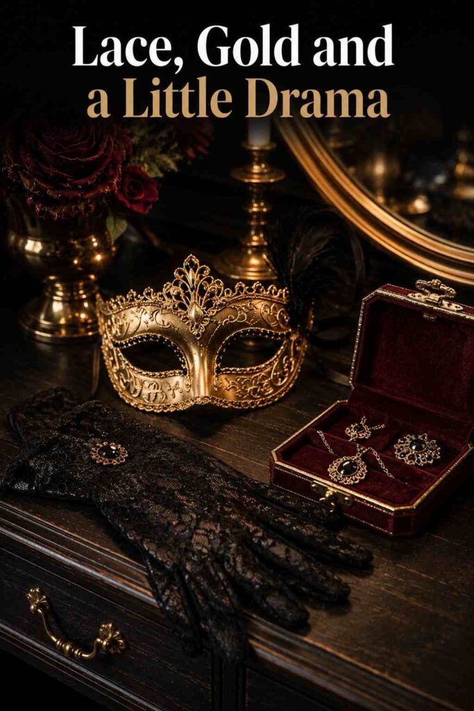 Couple Halloween Costume Ideas for 2026 (Cute, Funny, Scary and Last-Minute) 5 Close-up of black lace gloves, a gold masquerade mask, and gold jewelry on a vanity table.