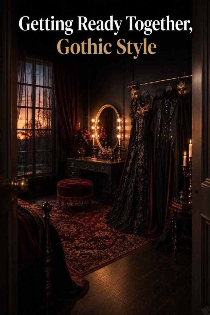 Couple Halloween Costume Ideas for 2026 (Cute, Funny, Scary and Last-Minute) 4 Doorway view into a gothic-styled dressing nook with a vanity, clothing rack, and dusk light through the window.