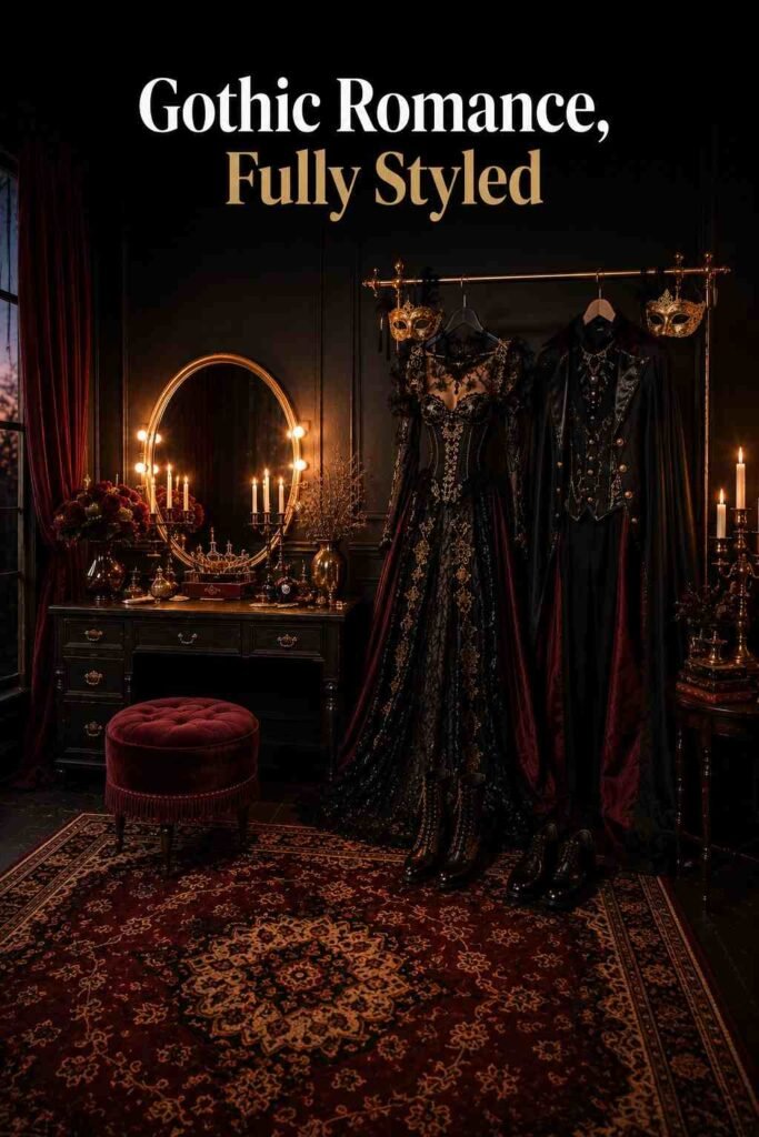 Couple Halloween Costume Ideas for 2026 (Cute, Funny, Scary and Last-Minute) 7 Fully styled gothic dressing nook with two coordinated Halloween costumes, ready to wear.