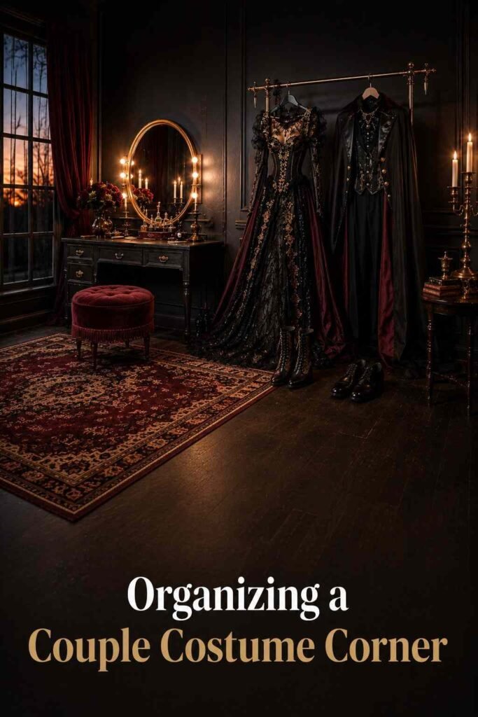 Couple Halloween Costume Ideas for 2026 (Cute, Funny, Scary and Last-Minute) 6 Layout view of a dressing nook with a vanity, clothing rack, and two pairs of shoes set out together.