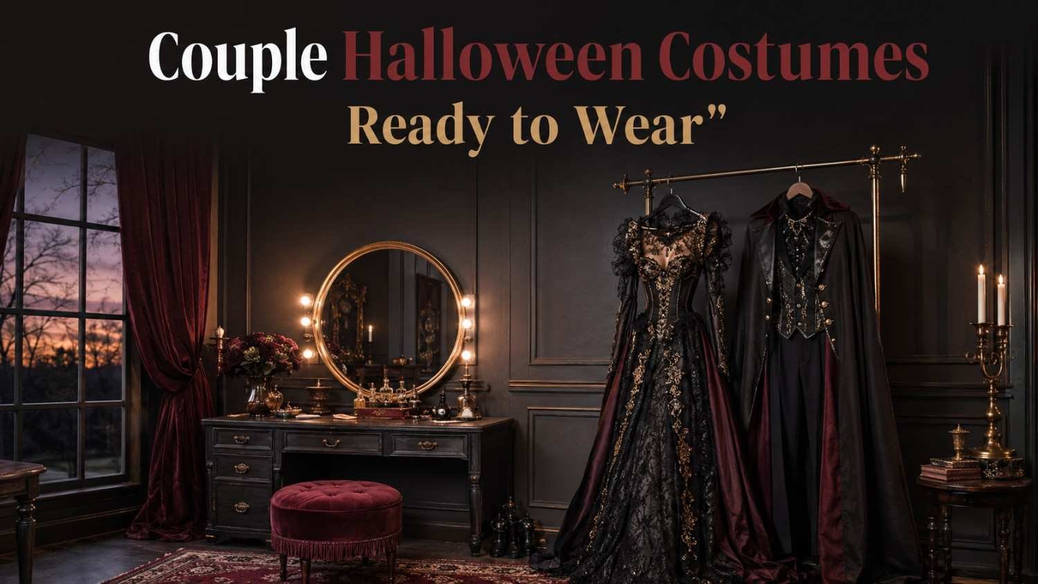 Two coordinated gothic Halloween costumes on a brass rack beside a vanity with gold accessories.