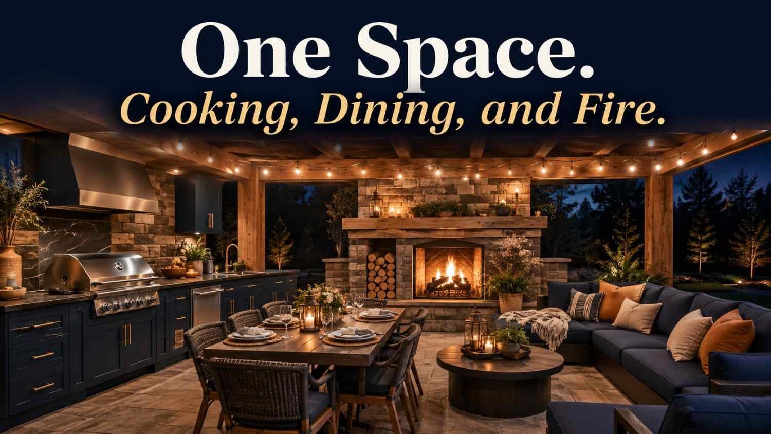 Navy and amber covered outdoor kitchen with a stone fireplace and sectional seating area at dusk.