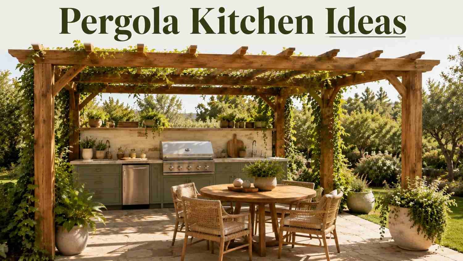 Sage green outdoor kitchen with natural wood pergola, dining table, and botanical garden setting.