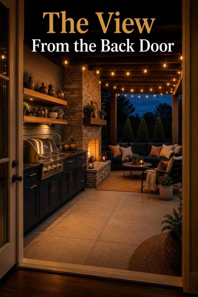 Cozy 25 Covered Outdoor Kitchen with Fireplace and Seating Area Ideas for Every Backyard Style 3 View from an interior doorway looking out onto a covered outdoor kitchen and fireplace at dusk.