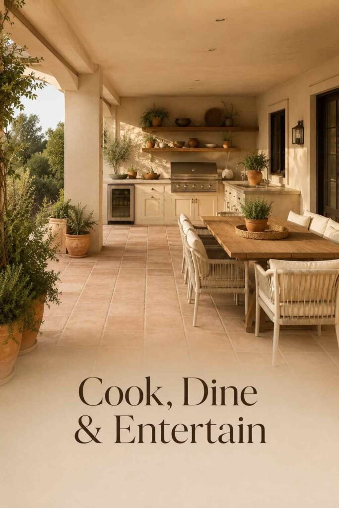 Alternate view of the same covered patio kitchen showing the cooking and dining zones.
