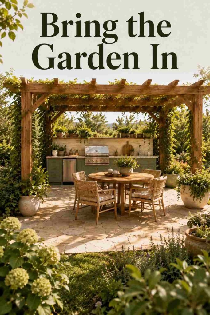 Garden-facing view of a pergola-covered kitchen connected to a botanical patio.