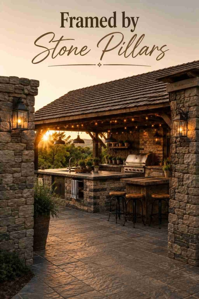 Elegant 24 Rustic Covered Outdoor Kitchen Ideas for a Warm, Weatherproof Backyard Retreat 2 View of a covered outdoor kitchen framed through two stacked-stone pillars.