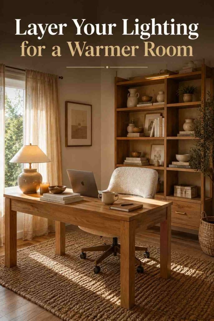 Lavish 24 Cozy Home Office Ideas to Turn Your Workspace Into a Warm, Productive Retreat 2 Corner view of beige and oak home office with layered lighting — cozy home office idea.