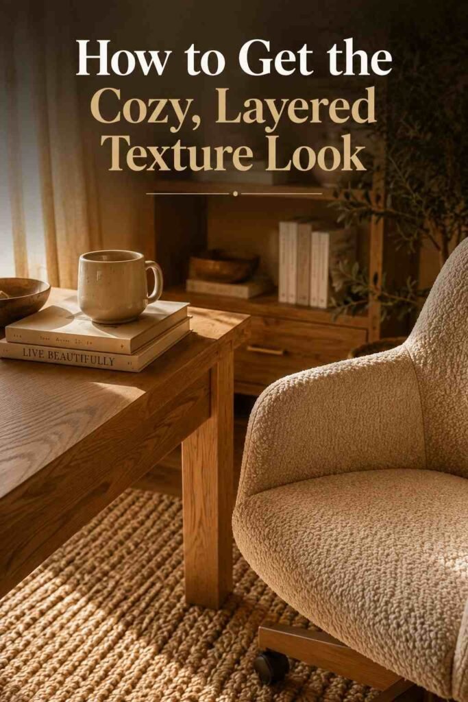 Lavish 24 Cozy Home Office Ideas to Turn Your Workspace Into a Warm, Productive Retreat 3 Close-up of bouclé fabric, jute rug, and oak grain — cozy home office texture idea.