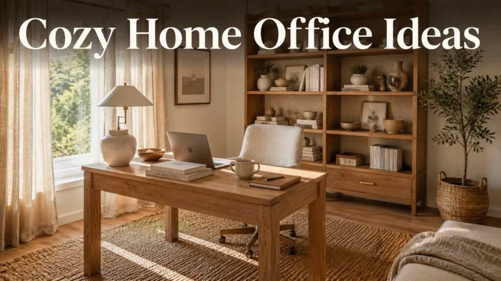 Lavish 24 Cozy Home Office Ideas to Turn Your Workspace Into a Warm, Productive Retreat 3 Beige and oak home office with jute rug, bouclé chair, and morning light — cozy home office ideas.