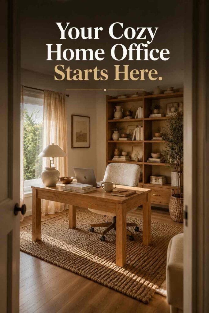 Lavish 24 Cozy Home Office Ideas to Turn Your Workspace Into a Warm, Productive Retreat 5 Home office viewed through doorway with oak desk and warm beige tones — cozy home office idea.