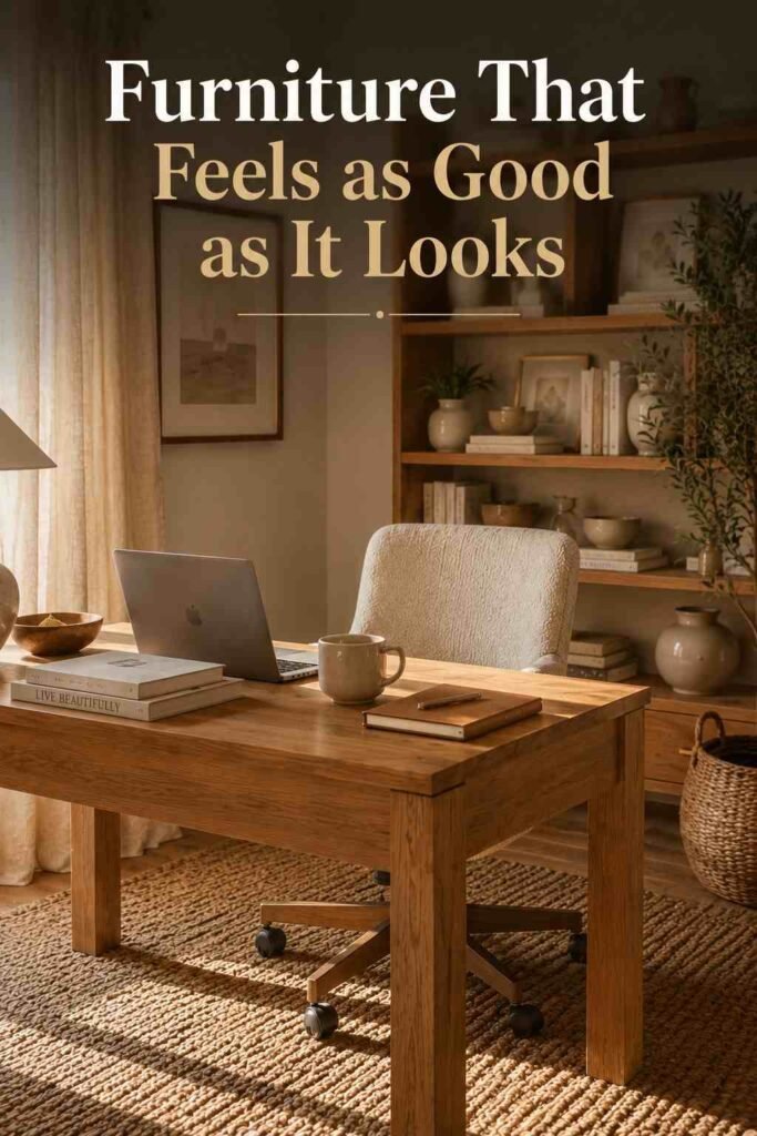 Lavish 24 Cozy Home Office Ideas to Turn Your Workspace Into a Warm, Productive Retreat 4 Oak desk and bouclé chair vignette with jute rug — cozy home office furniture idea.