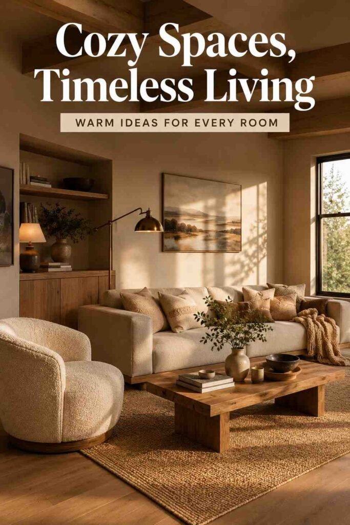 Inspiring 15 Cozy Living Room Ideas to Create a Warm, Inviting Space in 2026 2 Corner view of a cozy beige and oak living room, a simple cozy living room idea for depth and layout.