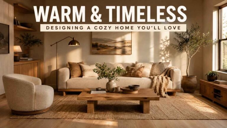 Cozy modern living room in warm beige and oak with a boucle armchair — a warm cozy living room idea.