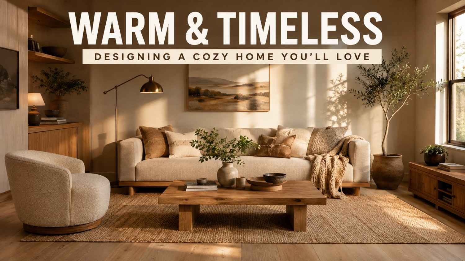 Cozy modern living room in warm beige and oak with a boucle armchair — a warm cozy living room idea.