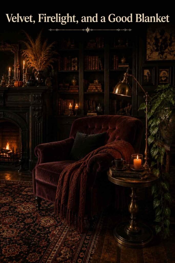 Halloween Aesthetic: 12 Iconic Ideas to Style Your Spookiest Season Yet 5 Deep burgundy velvet armchair reading nook with a folded throw blanket, side table, and trailing potted plant.